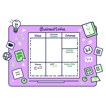 A chalkboard displays a hand-drawn business model canvas divided into sections. Each section is labeled with titles such as "Key Partners," "Value Propositions," and "Customer Segments." Surrounding the canvas are various sketches and diagrams, including flowcharts and graphs. In one corner, a rough sketch of a light bulb symbolizes innovation. Another area features a diagram of interconnected circles representing collaboration. Various doodles of arrows and check marks add to the overall look of creativity and brainstorming. The edges of the chalkboard are slightly smudged, adding an authentic touch to the scene.