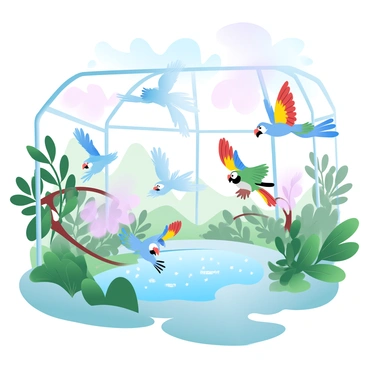 An indoor aviary is filled with a variety of colorful and exotic birds in flight. Brightly colored feathers of blue, yellow, red, and green adorn the birds as they soar gracefully through the air. Lush greenery fills the aviary, with tropical plants and branches providing perches and hiding spots for the birds. The sky above them is a gradient of soft pastel colors, creating a serene backdrop to the lively scene. Some birds are flapping their wings energetically while others glide smoothly. A small pond with shimmering water reflects the vibrant colors of the birds flying overhead.