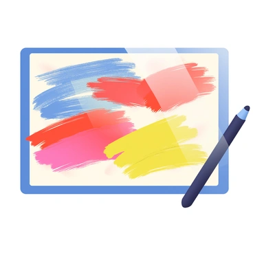 A close-up view of a digital screen displaying vibrant brush strokes in various colors. The brush strokes are layered and textured, creating a dynamic and lively effect. Some strokes are bold and thick, while others are finer and more delicate. The colors blend seamlessly into one another, with shades of blue, red, and yellow prominently visible. The background of the screen shows hints of a digital canvas, enhancing the focus on the intricate details of the brushwork. A stylus rests nearby, suggesting the process of creation is ongoing.