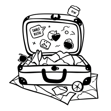 A retro suitcase with a worn leather exterior is opened and placed on a table. Several travel stickers from various destinations are affixed to the suitcase, showcasing their distinct designs. A crumpled map is spread out beside the suitcase, with marked routes and landmarks visible. A pair of vintage sunglasses rests on the corner of the map, adding to the travel theme. A compass lies nearby, hinting at adventure and exploration.