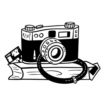 A classic vintage camera with intricate details is positioned at an angle, showcasing its unique design. The body of the camera features ornate patterns and engraved textures, highlighting its craftsmanship. The lens is prominent, with multiple rings and grooves visible around it. A leather strap is attached, draping across the front. The camera rests on a wooden surface, with subtle grain patterns visible in the background. Surrounding the camera are scattered photography accessories, like film rolls and old photographs, adding to the nostalgic atmosphere.