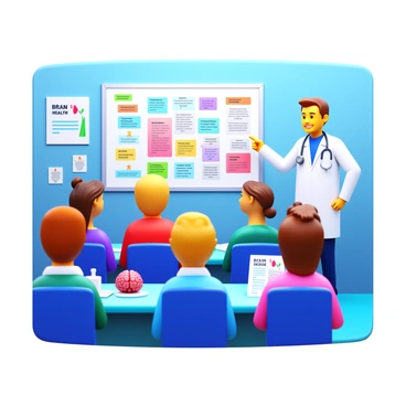 A friendly doctor wearing a white coat and stethoscope, standing in a clinic. The doctor is smiling and pointing at a large visual aid poster that displays various brain health tips. The poster features colorful graphics illustrating concepts like proper nutrition, exercise, and mental exercises. The clinic has a welcoming atmosphere, with bright lighting and medical charts on the walls. Nearby, a table holds pamphlets about brain health and a model of a human brain for demonstration. The doctor is engaging with a diverse group of patients who are attentively listening.