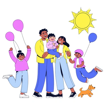 A family stands together in an open space, expressing joy and relief after a successful rescue. The mother is hugging her child tightly, her face beaming with happiness. The father stands beside them, smiling broadly with tears of joy in his eyes. A younger sibling is jumping up and down in excitement. Around them are bright, colorful balloons floating in the air, and a small dog is playfully wagging its tail nearby. The sun is shining, creating a warm and cheerful atmosphere.