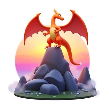 Charizard illuminated by the first rays of dawn atop a mountain peak