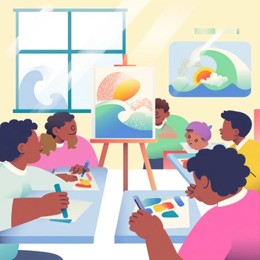 A classroom filled with children of diverse ethnicities is actively engaged in creating colorful drawings depicting a tsunami. Some children are seated at small desks with sheets of white paper spread out before them. A girl with curly black hair is using blue and green crayons to illustrate waves crashing. Next to her, a boy with short brown hair is applying vibrant shades of orange and yellow to depict the sun setting in the background. 

In the center of the room, a large easel displays a collaborative drawing that shows a towering wave with detailed patterns and splashes. The walls are adorned with various completed artworks showcasing different interpretations of the tsunami theme. Sunlight streams through the windows, illuminating the scene and highlighting the children's focused expressions as they work on their artistic creations.
