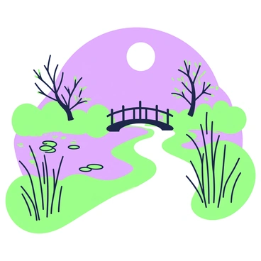 A path meanders through a marsh under the light of the moon. The path is bordered by tall, delicate grasses that sway gently in the night breeze. Reflections of the moon shimmer on the surface of the water, where lily pads float. Silhouettes of small trees can be seen in the background, their branches reaching towards the sky. In the distance, the outline of a small wooden bridge spans the water, adding to the charm of the landscape. The scene is peaceful and inviting, illuminated by the soft glow of moonlight.