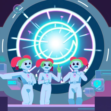 A group of friendly aliens with colorful, bulbous heads and large, expressive eyes is gathered around a large, circular window in their spaceship. The aliens have various skin textures, ranging from smooth to scaly, and they are wearing sleek, silver suits that shimmer with tiny lights. Outside the window, a bright, spinning pulsar emits beams of light in vibrant colors of blue and purple, illuminating the interior of the spaceship. The aliens are pointing and communicating excitedly, their hands raised in gestures of awe as they take in the mesmerizing sight of the pulsar. The spaceship is adorned with intricate control panels and holographic displays, enhancing the futuristic atmosphere.