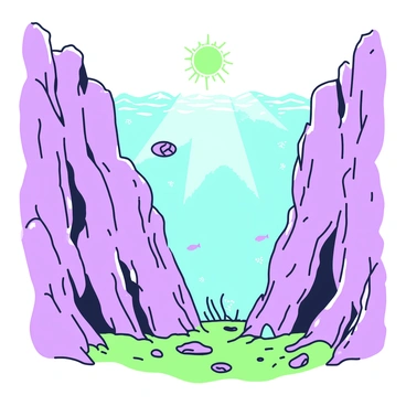 A deep underwater canyon is situated in the ocean floor, showcasing rugged walls formed by sediment erosion. The canyon features steep inclines and rugged edges, creating a dramatic landscape. Various marine life can be seen along the edges, including fish swimming near the walls. Sunlight filters through the water above, casting gentle beams that illuminate the canyon's depths. Small rocks and sediment are scattered across the canyon floor, providing texture to the scene. The water is filled with particles that reflect light, creating a shimmering effect throughout the underwater environment.