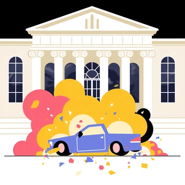 A car explosion in front of a grand museum building with statues and columns