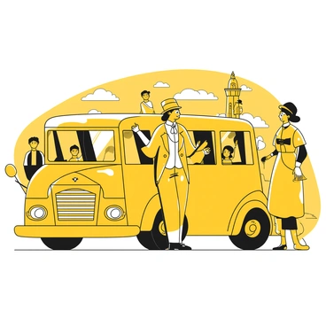 A tour bus driver standing beside a vintage tour bus, wearing a yellow historical costume that reflects a specific era. The costume includes a fitted jacket with decorative buttons, a waistcoat, and breeches, all accented with a white cravat. The driver wears a matching hat adorned with a feather. In the background, a scenic landmark is visible, with tourists taking photos and enjoying the themed tour. The driver is smiling and gesturing towards the landmark, inviting the tourists to explore.