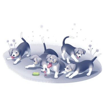 A group of several beagle puppies playing together in a grassy backyard. The puppies are of varying sizes, each displaying characteristic floppy ears and short tails. Some are rolling around on the grass, while others are playfully chasing each other, their paws kicking up small tufts of grass. The scene captures their joyful energy and curiosity as they explore their surroundings. A few puppies are sniffing the ground, while others are playfully tugging at a colorful chew toy. In the background, there are patches of wildflowers dotting the landscape, adding texture to the grassy area.