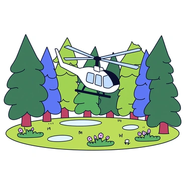 A helicopter with a sleek design is descending onto a small clearing surrounded by tall, dense trees. The helicopter's rotor blades are spinning rapidly, creating a visible motion blur. The clearing is filled with patches of green grass and scattered wildflowers. Sunlight filters through the tree canopy, casting dappled shadows on the ground. The forest is rich with various shades of green from the leaves, providing a vibrant backdrop.
