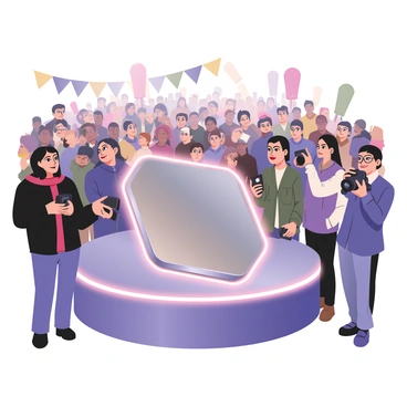 A digital flat illustration depicting a sleek, futuristic gadget placed on a pedestal at the center of a bustling product launch event. The gadget features a smooth metallic surface with glowing edges, showcasing its innovative design. Surrounding the gadget, a diverse group of photographers with cameras are positioned in various stances, capturing the unveiling moment. Each photographer has a distinct style; one is wearing a black jacket with a red scarf, another has a blue vest and glasses. In the background, a lively audience is eagerly watching, some holding smartphones to record the event. Colorful banners and lights are visible, enhancing the atmosphere of excitement and anticipation.