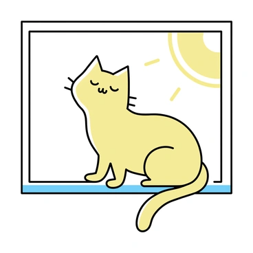 A cat with soft fur, sitting comfortably on a windowsill. The sunlight is streaming through the window, casting a warm beam of light onto the cat. The cat has its eyes closed, appearing relaxed and content. The surrounding window frame is simple and unobtrusive, allowing the focus to remain on the cat basking in the gentle warmth of the sun.