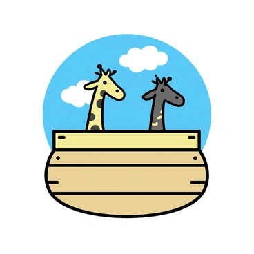 Two giraffes with brown and cream-colored spots are peering over the side of a wooden ark. Their long necks stretch high above the edge of the ark, with their heads tilted curiously. One giraffe has a slightly darker coat than the other. The ark, made of weathered wood, features rounded edges and a flat top. The background shows a clear blue sky with a few fluffy white clouds.