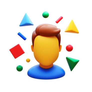 A vibrant 3D human avatar with a detailed facial expression. The avatar has a variety of colorful geometric shapes, such as cubes, spheres, and pyramids, arranged in a dynamic fashion around it. The shapes are in bright colors like blue, red, yellow, and green, creating a lively atmosphere. The lighting highlights the contours of the avatar and the geometric shapes, enhancing their visual appeal.