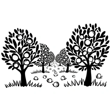 A black-and-white illustration of a Mediterranean lemon orchard filled with ripe lemons hanging from the branches. The trees are dense with green foliage and the ground is covered with fallen lemons scattered amidst the grass. The sunlight casts shadows among the trees, highlighting the abundance of fruit. The sky above is clear, providing a sense of openness in the orchard.