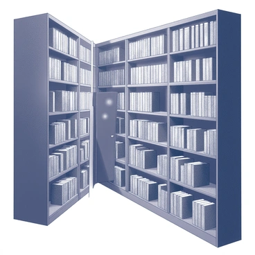 A library filled with tall bookshelves, stacked with numerous books. One bookshelf has a slightly ajar door hidden among the rows, revealing a narrow opening. The passage behind the door is dimly lit, with faint shadows dancing on the walls. The shelves extend along the sides of the passage, lined with dust-covered books, while the floor is made of worn wooden planks, creaking softly underfoot. The atmosphere is filled with a sense of mystery and discovery.