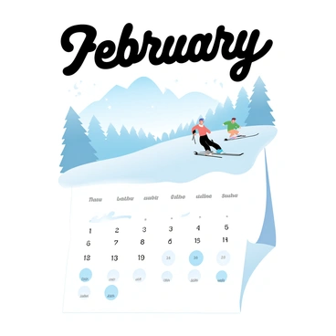 A February calendar page features a snowy mountain scene. The top of the page has the word "February" in large, bold letters. Below it, a snowy mountain landscape stretches across the background, with tall, frosted pine trees lining the slopes. In the foreground, a group of skiers is navigating down the slopes, wearing colorful ski gear. Snowflakes are gently falling from the sky, adding to the winter atmosphere. At the bottom of the page, there are the days of the month arranged in a neat grid format, with some dates highlighted to indicate special events.