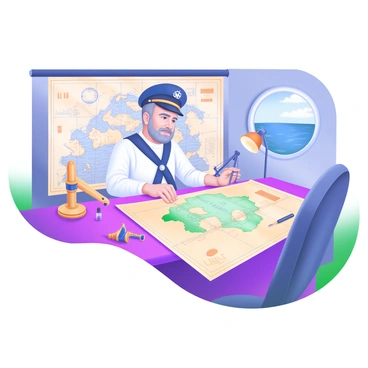 A ship captain with a weathered face is intently studying a detailed sea chart at his navigation table. The table is cluttered with compasses, a sextant, and several nautical instruments. The captain is wearing a classic navy-blue captain's hat and a crisp white shirt. On the walls behind him, there are maps of various seas and ports. A porthole nearby reveals a glimpse of calm ocean waters under a clear blue sky. The captain's hand is resting on the chart, and a small lamp casts warm light over the intricate details of the map.