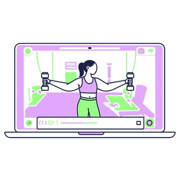 A virtual trainer is displayed on a screen, demonstrating reverse fly exercises to an online class. The trainer has medium-length hair tied back and is wearing a fitted workout outfit. They are in a controlled space, showcasing proper form as they hold dumbbells in each hand. The screen shows the trainer in profile, emphasizing the movement of their arms as they extend them outwards and slightly backward. In the background, the outline of a home gym with exercise equipment such as yoga mats and weights can be seen. Below the screen, a chat box indicates active participation from class members.