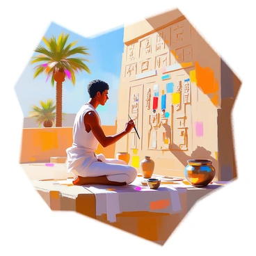 An ancient Egyptian artist with dark skin and a traditional linen garment is painting hieroglyphics on a stone temple wall. The artist is using a brush made from reeds, carefully applying vibrant colors to depict scenes of daily life and deities. The temple wall is adorned with intricate carvings and symbols, glowing in the warm sunlight. In the background, there are palm trees and a clear blue sky, adding depth to the scene. The artist is focused on their work, surrounded by the tools of their craft, including pots of natural pigments.
