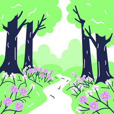 A mystical forest is depicted with tall, lush trees that have elongated trunks and dense foliage. A winding path cuts through the forest, leading deeper into the scene. On both sides of the path, clusters of pansies are blooming, showcasing their delicate petals. Sunlight filters through the leaves, casting dappled shadows on the ground. In the background, there are faint outlines of additional trees and a soft, glowing mist that hints at the enchantment of the setting. The atmosphere is tranquil, inviting exploration of the hidden wonders within the forest.
