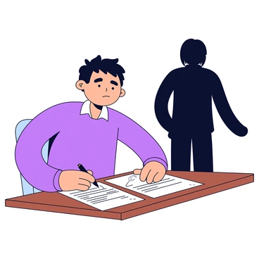 A person is sitting at a wooden table, holding a pen above a contract. The individual has a hesitant expression, with furrowed brows and a slightly pursed mouth. The contract is placed prominently on the table, featuring printed text and lines for signatures. In the background, there is a figure standing in the shadows, partially obscured, with just the outline visible. The lighting highlights the person's features while keeping the figure in the shadows dark and indistinct.