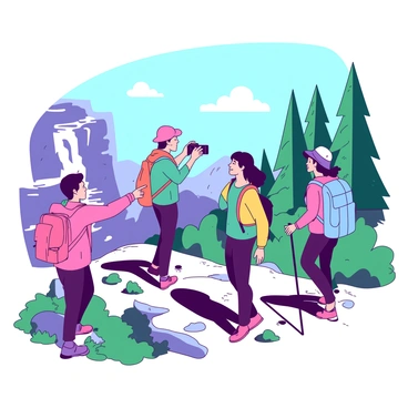 A group of five friends is hiking up a mountain, each wearing vibrant hiking gear. One friend in a pink jacket is pointing excitedly to the left, indicating a scenic view of a waterfall cascading down the rocks. Another friend, dressed in a teal shirt, is taking a photograph of the landscape with a camera. A third friend, wearing an orange hat, is standing nearby, looking up at the tall pine trees lining the path. The remaining two friends, one in a yellow vest and the other in a blue backpack, are sharing a light moment as they admire the view. The sky above is clear, with a few fluffy clouds scattered. The rugged mountain trail is visible beneath their feet, surrounded by lush greenery.