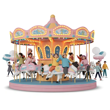 A merry-go-round, painted in bright colors, featuring ornate horses and carriages, spins joyfully at a Boxing Day fair. Children of various ages, wearing winter coats and hats, ride on the carousel with expressions of delight. Some are waving their arms in excitement while others hold onto the railings tightly. Colorful festive lights wrap around the carousel’s structure, illuminating the scene with a warm glow. In the background, cheerful decorations and bustling fair-goers can be seen, adding to the lively atmosphere of the fair.