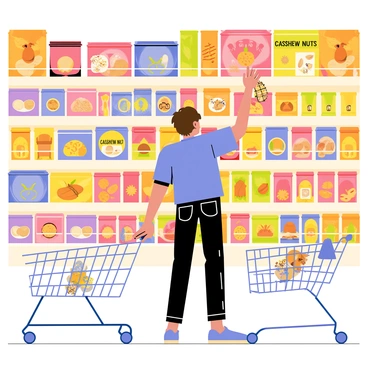 A grocery store aisle with shelves filled with various types of nuts. In the center, there is a person reaching for a bag of "cashew nuts" on the middle shelf. The person is wearing a blue t-shirt and jeans, with short brown hair. The background features brightly colored packaging of different nuts and snacks, creating a vibrant shopping environment. A shopping cart is partially visible in the foreground, with a few items placed inside.
