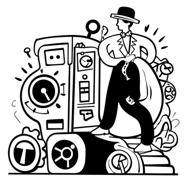Professor Shonku, dressed in a long coat and hat, is stepping into a large, intricate time machine. The machine is adorned with ornate details, featuring a series of mystical glowing dials and levers. The scene includes various gears and machinery parts visible surrounding the time machine, conveying a sense of wonder. There are bright sparks emanating from the dials as they glow with intensity, illuminating the surrounding area. The atmosphere is filled with an air of anticipation and adventure.