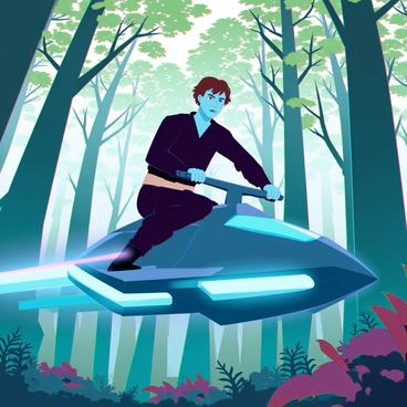 Anakin Skywalker, a young man with medium skin and short brown hair, is racing through a dense forest on a sleek, modern speeder bike. He is dressed in a black tunic with a light brown belt and has a determined expression on his face. The speeder bike is streamlined, featuring glowing blue accents and robust hover engines. Surrounding him are tall trees with lush green leaves, some with intricate branches reaching outward. Sunlight filters through the canopy, casting dappled shadows on the forest floor, filled with vibrant ferns and soft moss. Anakin is leaning forward, gripping the handlebars tightly as he navigates through the narrow paths, showcasing his speed and agility in this high-stakes pursuit.