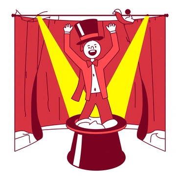 A red stickman magician is standing on a stage, wearing a black top hat. The magician has both arms raised above his head, and a white rabbit is halfway emerging from the top of the hat. The stage is illuminated by two bright yellow spotlights shining down on the performance area. There are curtains draped in the background, creating a contrasting backdrop to the scene. The magician has a wide smile on his face, showcasing excitement and delight in his magical act.
