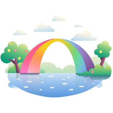 A whimsical bridge is arching gracefully over a wide river. The bridge is constructed entirely of vibrant rainbow colors, featuring a variety of shades that blend seamlessly into one another. Below, the river reflects the bright hues of the bridge, sparkling under the sunlight. On either side of the riverbank, there are lush green trees with bright flowers blooming, adding to the lively atmosphere of the scene. Small, fluffy white clouds float in a clear blue sky above, completing the cheerful setting.