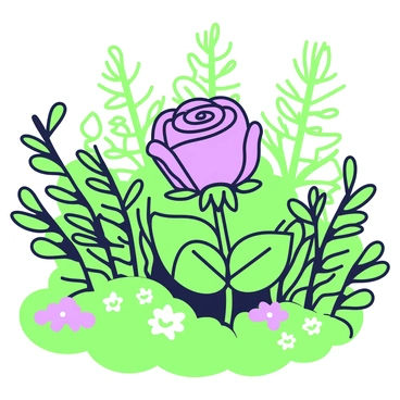 A single "glowing blue rose" is positioned prominently in the foreground of an "enchanted forest". The rose's petals are delicately unfolding, revealing intricate details and textures. Surrounding the rose, there are lush green ferns and various shades of green foliage, creating a dense, vibrant environment. Soft light filters through the tall trees in the background, casting gentle shadows. The forest floor is covered with rich green moss, and small purple flowers are scattered nearby, enhancing the magical atmosphere.