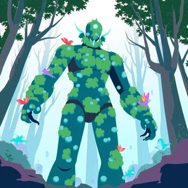 A golem harmoniously blending in with nature, surrounded by birds and butterflies.