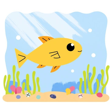 A sunfish swimming gracefully above a seabed covered in vibrant green seaweed. The seaweed sways gently, creating a lively underwater scene. Surrounding the sunfish are scattered colorful pebbles and small shells, adding detail to the ocean floor. Sunlight filters through the water, casting dappled light patterns on the seabed.