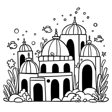 A large underwater cityscape featuring multiple shimmering domes with intricate designs. Various colorful sea creatures, including fish, starfish, and jellyfish, swim gracefully around the domes. Coral structures rise from the ocean floor, creating a vibrant habitat. Bubbles float upward through the water, adding a dynamic element to the scene. The domes are interconnected by archways, allowing for a sense of depth and exploration within the city.