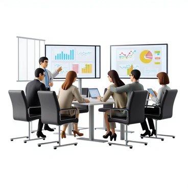 A modern office environment featuring a group of analysts engaged in discussions. There are four analysts, two men and two women, all dressed in business attire. Each analyst is focused on large screens displaying various graphs and charts. The screens are filled with colorful data visualizations such as bar graphs, line charts, and pie charts. The room is well-lit with large windows allowing natural light to enter, and there are sleek office furnishings including a conference table and ergonomic chairs. One analyst is pointing at a screen while another takes notes on a tablet.