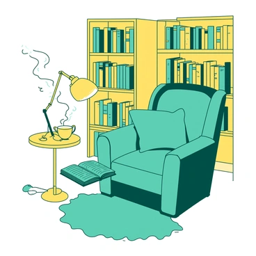 A yellow cozy reading nook features a large, plush teal armchair with soft cushions, positioned in the corner of the room. The chair is complemented by a small, round yellow side table that holds a steaming cup of tea. Surrounding the nook are tall shelves filled with illustrated books, their colorful spines creating a vibrant backdrop. A warm yellow floor lamp stands next to the chair, casting a soft light over an open teal book resting on the chair's arm. A fluffy teal rug lies beneath the chair, adding to the inviting atmosphere of the space.
