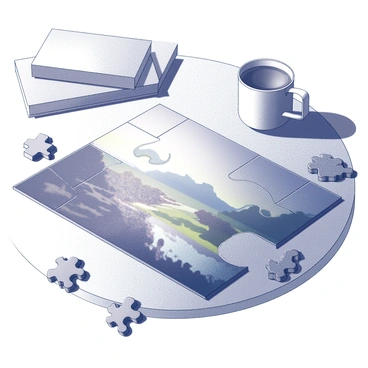 A nearly completed puzzle laid out on a wooden table. The puzzle showcases a vibrant landscape scene, with only one piece noticeably absent, creating a gap in the image. Surrounding the puzzle are scattered puzzle pieces, suggesting a recent attempt to find the missing piece. The lighting is soft, casting gentle shadows across the table surface, highlighting the textures of the wood and the glossy finish of the puzzle pieces. In the background, there are a few books and a cup of coffee, adding to the sense of a cozy, contemplative atmosphere.