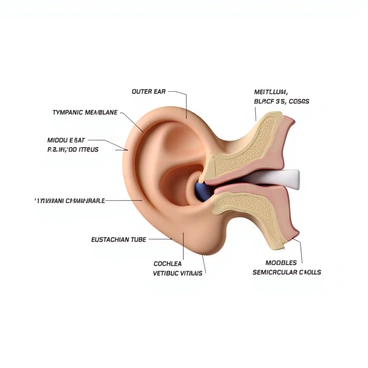 A detailed diagram of human ear anatomy. The illustration includes three main sections: the outer ear, middle ear, and inner ear. The outer ear features the visible part called the pinna, along with the ear canal leading to the eardrum. The middle ear includes the tympanic membrane, the three small bones known as the ossicles (malleus, incus, and stapes), and the Eustachian tube. The inner ear showcases the cochlea, vestibule, and semicircular canals, highlighting their intricate structures. Each section is clearly labeled, demonstrating the anatomical relationships between the components.