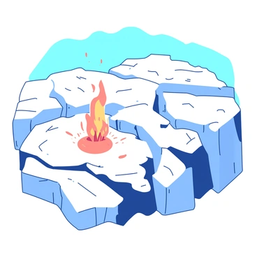Small orange flames flickering gently atop a massive white glacier. The glacier's surface is rugged and textured, with deep crevices and jagged ice formations surrounding the fires. The contrast between the bright orange flames and the stark white ice creates a striking visual. Shadows dance across the glacier as the flames sway, illuminating the nearby ice in a warm glow. The sky above is a clear blue, enhancing the vivid colors of the scene.