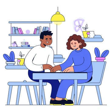 Rick and Sam are sitting together at a grand piano in a cozy café. Rick has short black hair and is wearing a white shirt, while Sam has curly brown hair and is dressed in a blue sweater. They appear focused as they play music, with their hands moving gracefully over the piano keys. The café has small round tables with dim lighting, and a few potted plants are placed around the room. In the background, there are shelves filled with books and decorative items. A warm glow emanates from a hanging light fixture above them.