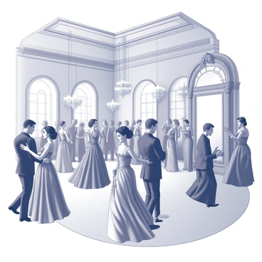 An opulent ballroom filled with elegantly dressed guests. The room features a high arched ceiling adorned with intricate plaster decorations. Guests in flowing gowns made of rich fabrics, some with laces and ribbons, move gracefully across the polished wooden floor. Men are dressed in classic tailcoats, featuring sharp lapels and decorated waistcoats. Chandeliers hang from the ceiling, casting a warm glow as couples engage in lively conversation and dance. A large ornate mirror reflects the lively scene, enhancing the grandeur of the event.