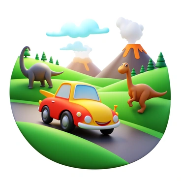 A 3D cartoon car with bright colors and a smiling face is navigating through a lush green valley. The valley is populated with friendly dinosaurs, including a large brontosaurus and a small, playful triceratops. In the distance, there are two volcanoes, one gently smoking and the other dormant. The sunlight casts a warm glow over the landscape, enhancing the vibrant colors of the car and the dinosaurs. The scene captures a sense of adventure and exploration.