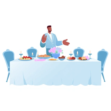 A cheerful host stands at a beautifully decorated dinner table. The table is covered with a crisp white tablecloth and adorned with various colorful dishes filled with food. A large centerpiece made of flowers in vibrant hues adds to the festive atmosphere. The host is wearing an elegant outfit and gesturing with one hand, inviting the guests to take a seat. Candles are lit along the table, casting a warm glow over the scene. Surrounding the table are elegant dining chairs, perfectly arranged for the guests.