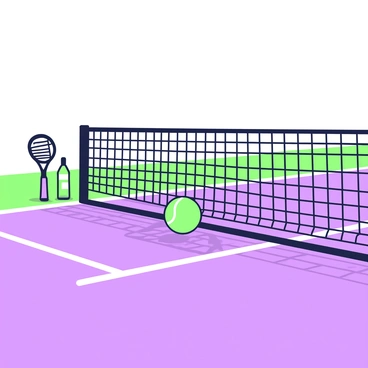 A tennis court is visible under a bright sky. In the center, a tennis net is stretched tightly across the court. A tennis ball is lodged within the net, partially hanging down. The netting has a defined pattern, and the surrounding court is marked with white lines for the service boxes and baseline. Sunlight casts distinct shadows on the court surface, revealing the texture of the ground. In the background, tennis racquets and water bottles are placed on the sidelines, adding to the atmosphere of a competitive sport.