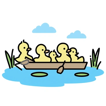 Four yellow ducklings in a small wooden boat on a calm pond. Each duckling is holding a tiny wooden oar, paddling together. The boat gently floats on the still water, surrounded by green reeds and lily pads. The background features a clear blue sky with a few fluffy white clouds. The scene captures the playful activity of the ducklings as they navigate their way across the pond.